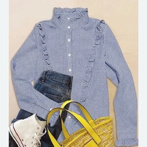 Blue Pinstripe Ruffle Button-Up Shirt